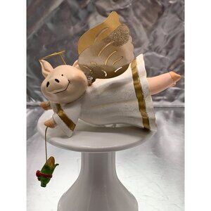 Flying Pig Angel Christmas Ornament With Gold Wings And Halo White Glittered Rob